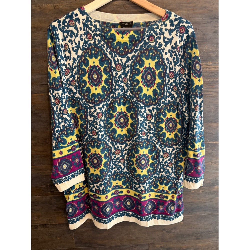 Talbots Woman 2X Pure Merino Wool Sweater Paisley Medallion Multi-Color Knit